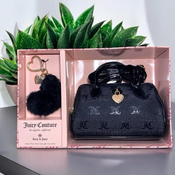 Juicy Couture Black Liquorice JC Logo Print Mini Speedy Bag & Heart Keychain NWT - Picture 2 of 6